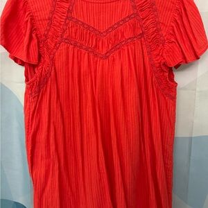 LOFT Vibrant Red Blouse with Lace Accents